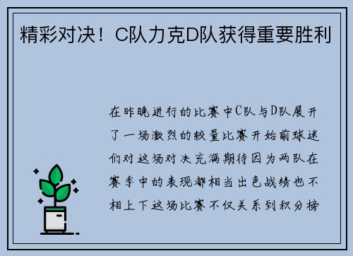 精彩对决！C队力克D队获得重要胜利